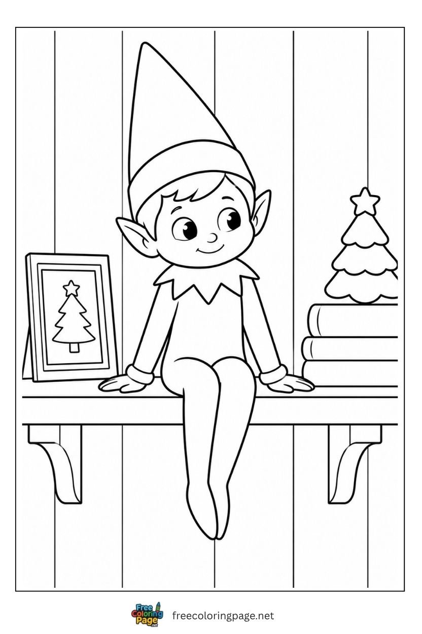 Elf on the Shelf coloring page sitting on shelf edge with legs dangling and mischievous expression