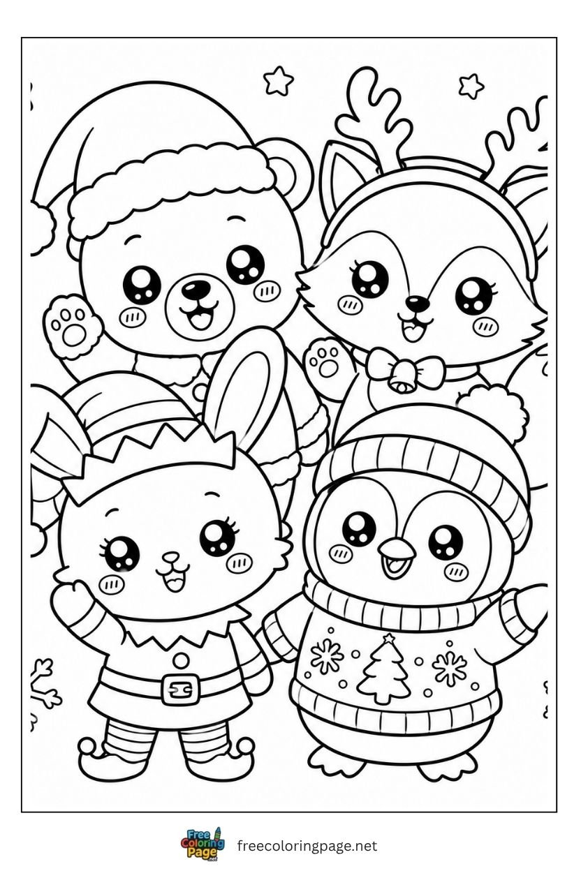Kawaii Christmas animals coloring page with bear fox bunny and penguin in cute holiday costumes