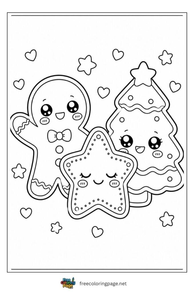 Kawaii Christmas cookies coloring page with gingerbread man star and tree cookies with cute faces