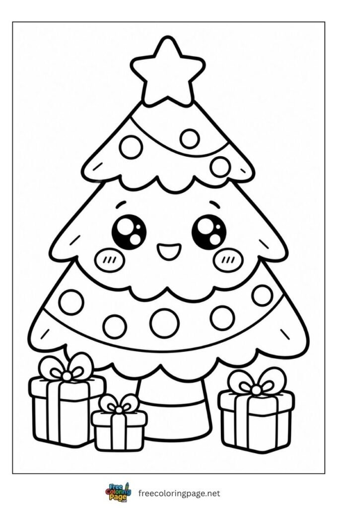 Kawaii Christmas tree coloring page with cute face sparkling eyes rosy cheeks and star top