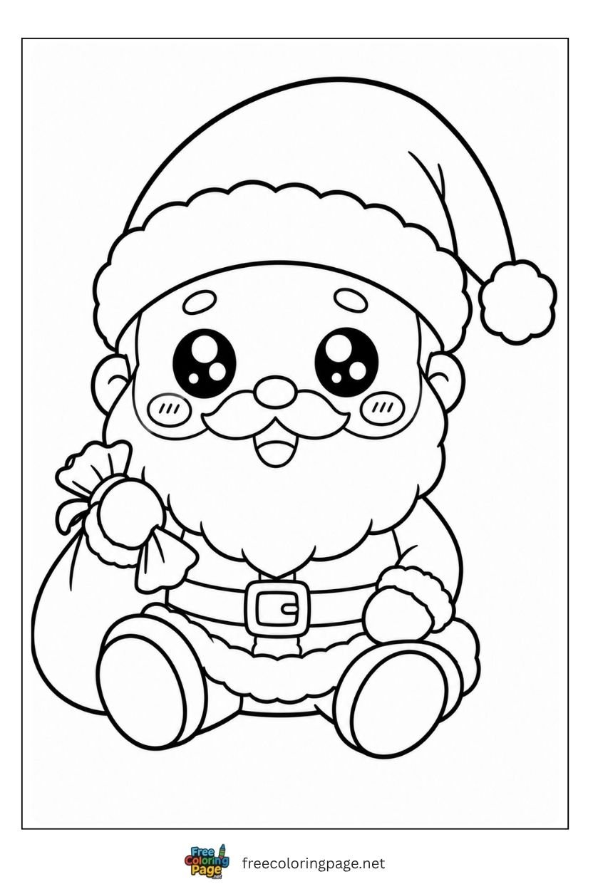 Kawaii chibi Santa coloring page with oversized round head sparkling eyes rosy cheeks and tiny body