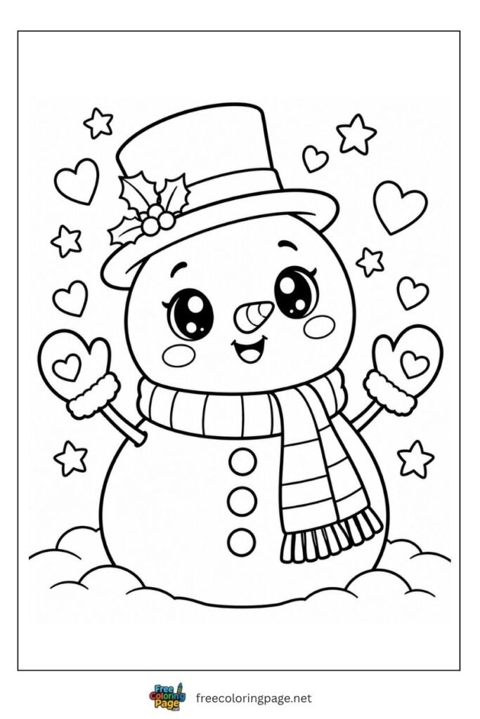 Kawaii snowman coloring page with sparkling eyes rosy cheeks top hat and stick arms with mittens
