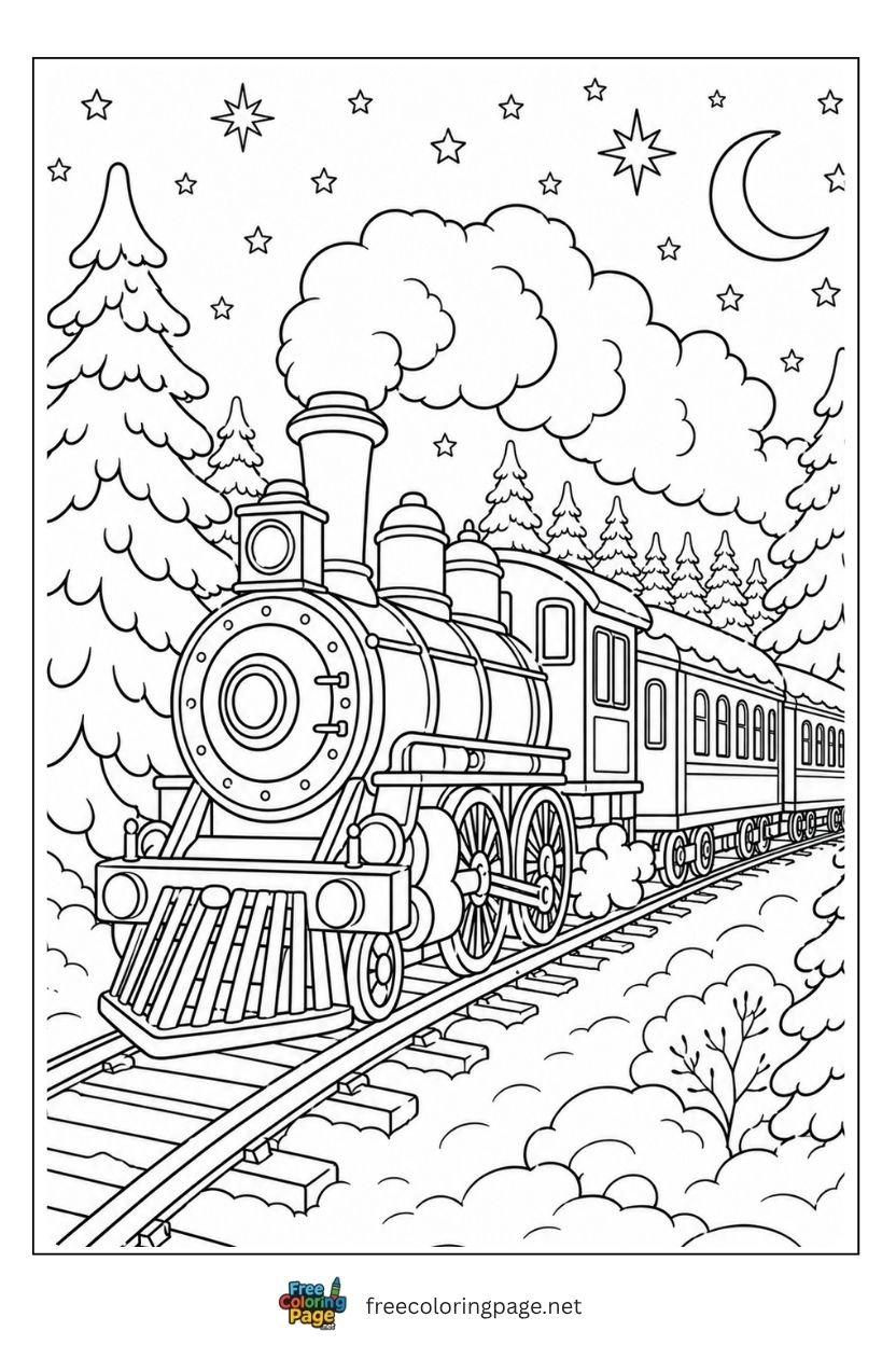 Polar Express Christmas train coloring page through snowy forest with steam chimney and night sky stars