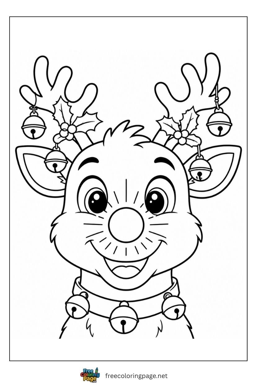 Rudolph red nosed reindeer coloring page with glowing nose radiating lines antlers with bells and holly