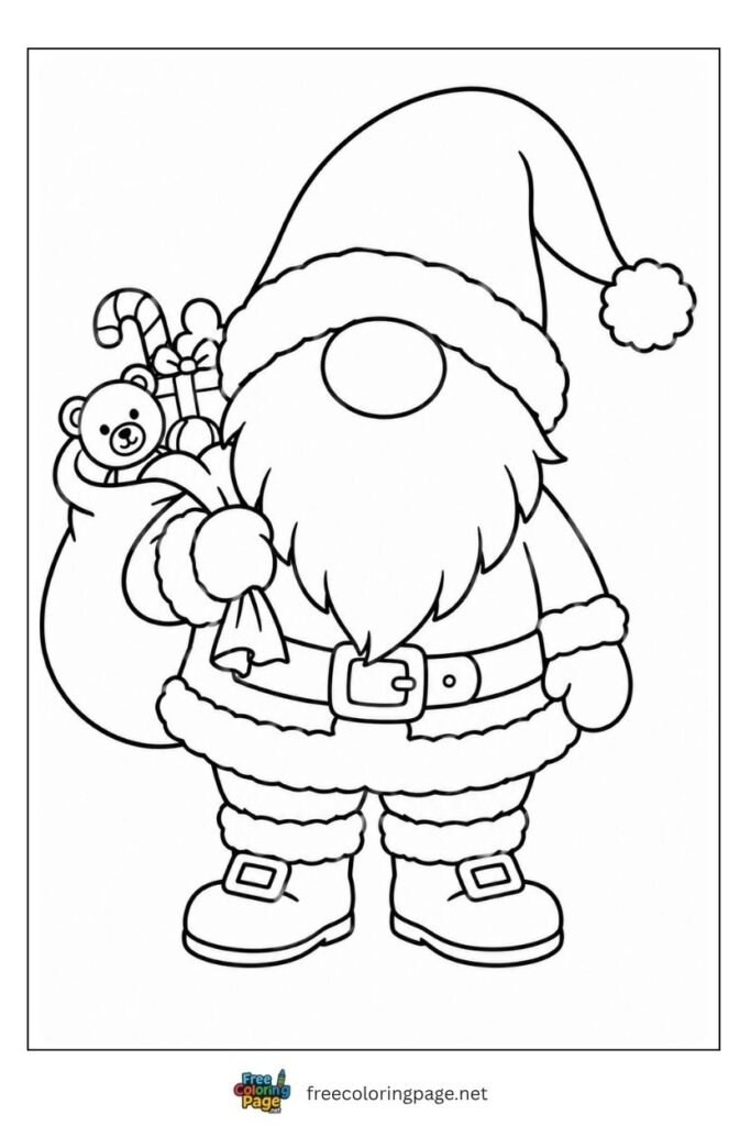 Santa gnome coloring page wearing Santa hat and coat with toy sack and buckled boots