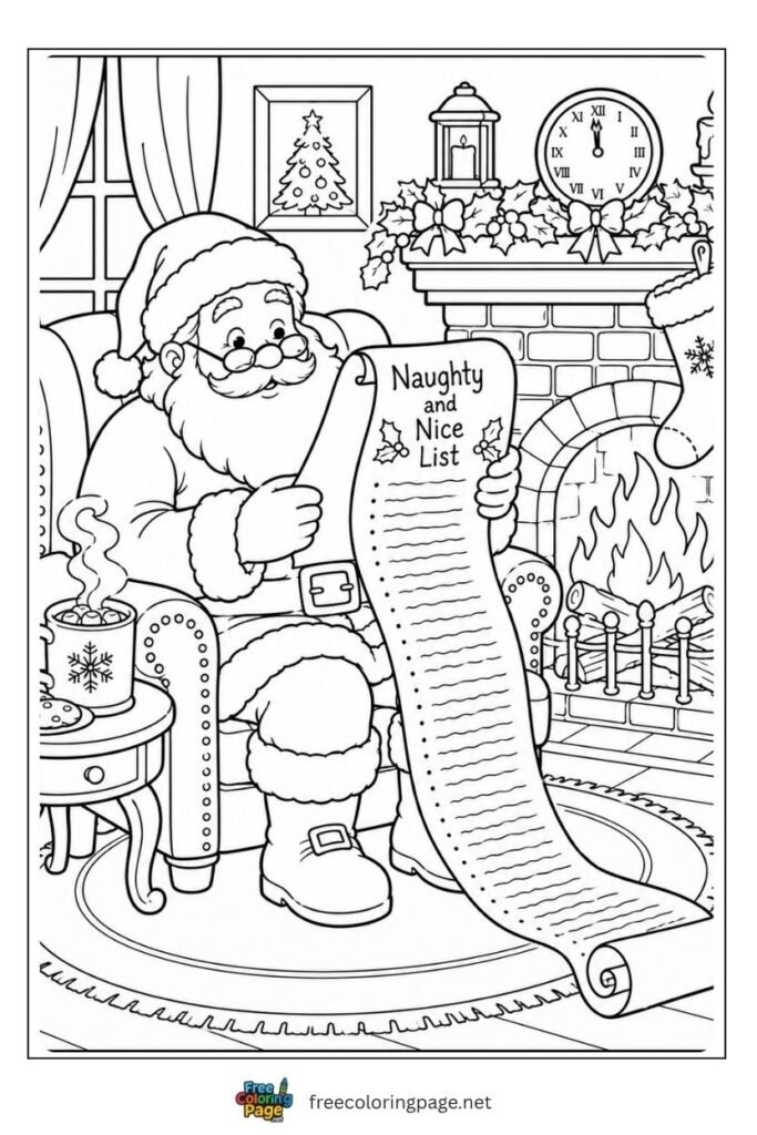 Santa reading naughty and nice list scroll coloring page in armchair by fireplace with hot cocoa