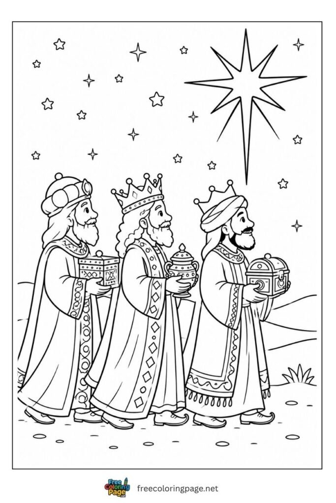 Three Wise Men nativity coloring page in flowing robes and crowns carrying gifts following Christmas star